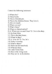 English Worksheet: 20 sentences for beginners to correct (2)