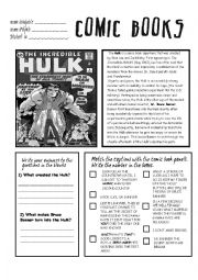 English Worksheet: THE  HULK READING AND COMPREHENSION WORKSHEET