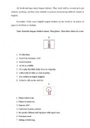 English Worksheet: ENGLISH TONGUE TWISTERS PART 1 VOWELS