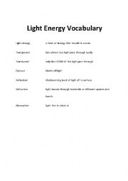 English Worksheet: Light Energy