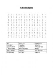 A word search worksheets about school subjects
