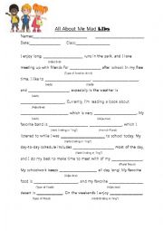 English Worksheet: All About Me Mad Libs