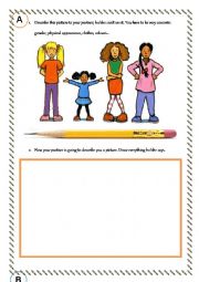English Worksheet: Describe and draw communicative task in pairs (voc. physical appearance, clothes...)