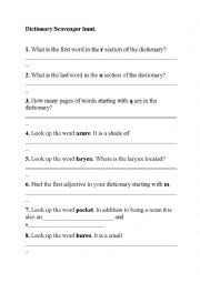 English Worksheet: Dictionary Scavenger Hunt