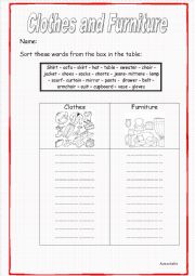 English Worksheet: clothes and furniture WS