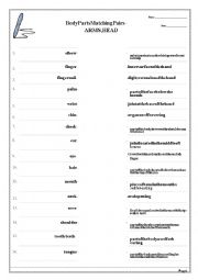 English Worksheet: Body Parts Matching Pairs Activity