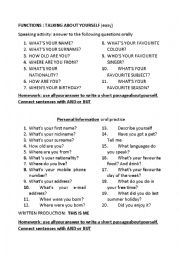 English Worksheet: functions talking about yourself 