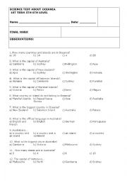 English Worksheet: CLIL ABOUT OCEANIA: SCIENCE TEST ABOUT OCEANIA
