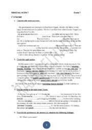 English Worksheet: remedial work for Grade 7 Tunisian programme