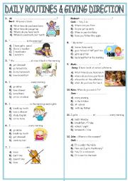 English Worksheet: daily routines& giving direction test TWO PAGES