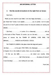 English Worksheet: An informal letter about a TRIP to LONDON