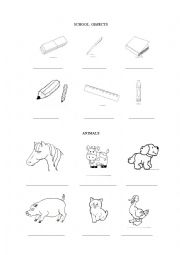 English Worksheet: SCHOOL OBJECTS AND ANIMALS