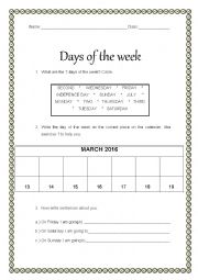 English Worksheet: Days of the week - guess and complete this calendar
