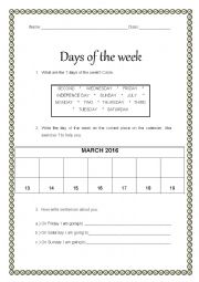 Days of the week - guess and complete this calendar