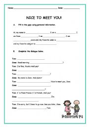 English Worksheet: Nice to meet you!