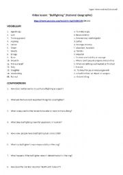 English Worksheet: Video lesson: Vocab, comprehension, and debate (with role cards) - BULLFIGHTING