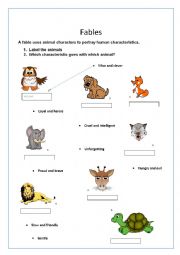 English Worksheet: Fables - animals and characteristics