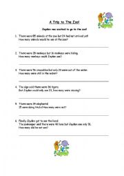 English Worksheet: A Trip to The Zoo - Word Problems