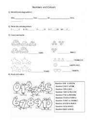 English Worksheet: Numbers 1-10 and colours