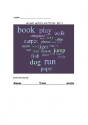 English Worksheet: Category Sort - Animals, Actions, and Things 