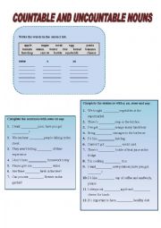 English Worksheet: COUNTABLE AND UNCOUNTABLE NOUNS