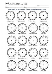 English Worksheet: What Time Is It? Drawing Clock Hands 2/4