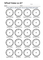 English Worksheet: What Time Is It? Drawing Clock Hands 3/4