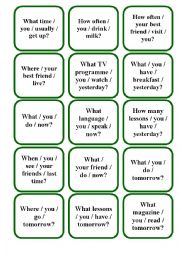 English Worksheet: Question Cards (Present Simple/Continuous, Past Simple and Future Simple/going to)