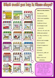 English Worksheet: What would you buy in these shops?