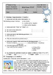 English Worksheet: mid-term test n:1