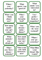 English Worksheet: Question Cards (Present Simple/Continuous, Past Simple and Present Perfect)