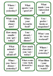 Question Cards (Present Simple/Continuous, Past Simple and Present Perfect)