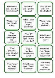 English Worksheet: Question Cards (Present Simple/Continuous, Past Simple and Future Simple/going to) 2