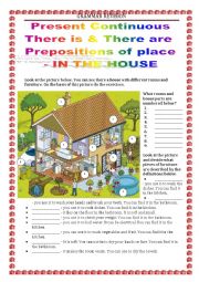 English Worksheet: GRAMMAR REVISION - there is there are present continuous prepositions of place