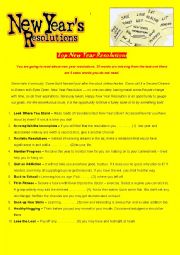 English Worksheet: Top New Years Resolutions - reading comprehension and cloze test with key - fully editable