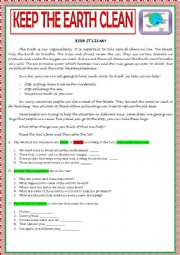 English Worksheet: KEEP THE EARTH CLEAN - ENVIRONMENT TEST A