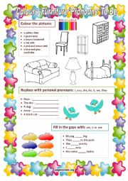English Worksheet: Colours / Furniture / Personal Pronouns / To Be