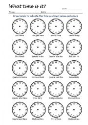 English Worksheet: What Time Is It? Drawing Clock Hands 4/4