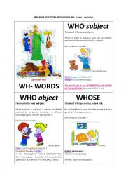 Mini book of QUESTIONS WITH WORDS WH-. Grammar lesson + exercises and key.