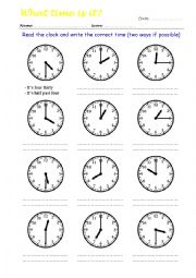 English Worksheet: What Time Is It? Read the clock and write the correct time 1/4