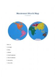 English Worksheet: Montessori World Map - worksheet