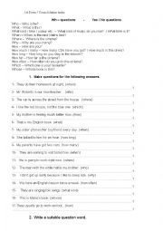English Worksheet: Yes/No questions and Wh questions 