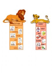 English Worksheet: BOOKMARKS - clothes, body parts, weather, toys