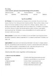 English Worksheet: Types of Pollution: Cause-effect.