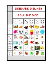 English Worksheet: Roll the dice likes and dislikes game