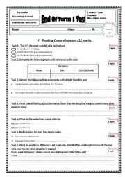 English Worksheet: end of term test n1 3rd form Tunisian programme