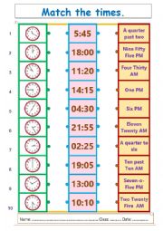 English Worksheet: Match the times.