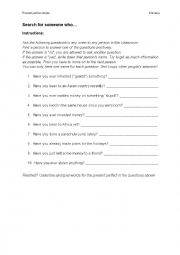 English Worksheet: Present perfect simple: Search for someone who