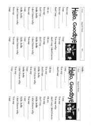 English Worksheet: SONG HELLO GOODBYE