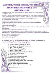 English Worksheet: Another, other, others, the other, the others, each other, one another, else